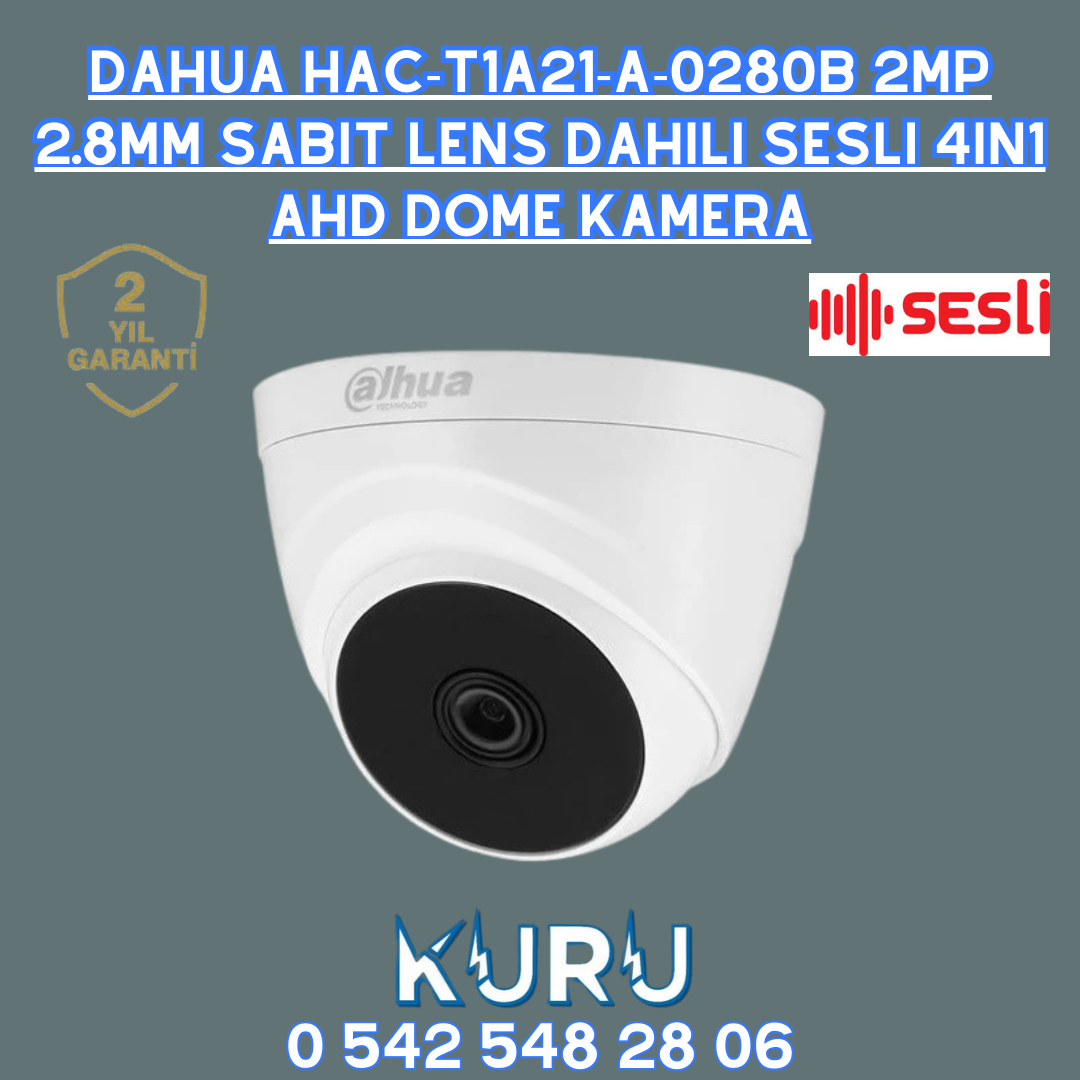 Dahua HAC-T1A21-A-0280B 2mp 2.8mm Sabit Lens Dahili Sesli 4in1 Ahd Dome Kamera