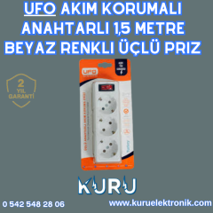 UFO Akım Korumalı Anahtarlı 1,5 Metre Beyaz Renkli Üçlü Priz