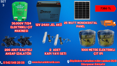 30.000 V SENSÖRLÜ ELEKTRİKLİ ÇİT MAKİNESİ / 24 AMPER JEL AKÜ /25 WATT MONOKRİSTAL GÜNEŞ PANELİ /1000 METRE İP/ 200 ADET İZALATÖR LÜ SET 3