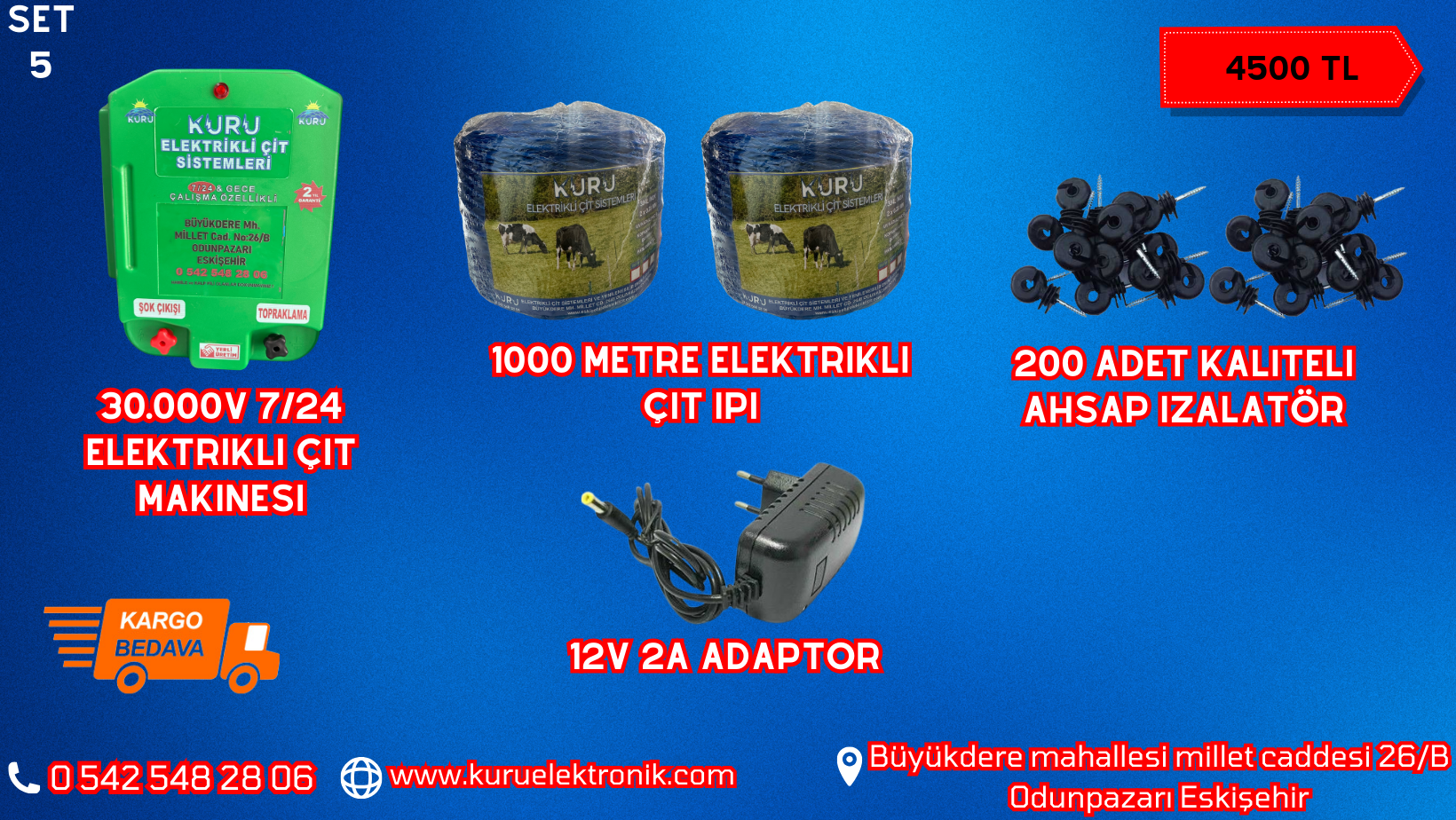 30.000 V SENSÖRLÜ ELEKTRİKLİ ÇİT MAKİNESİ /12 V 2 AMPER ADAPTÖR /1000 METRE İP/200 ADET İZALATÖR LÜ SET 5