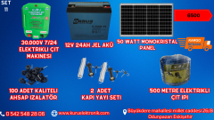 30.000 V ELEKTRİKLİ ÇİT MAKİNESİ / 24 AMPER JEL AKÜ /50 WATT MONOKRİSTAL GÜNEŞ PANELİ /500 METRE İP/ 100 ADET İZALATÖR LÜ SET